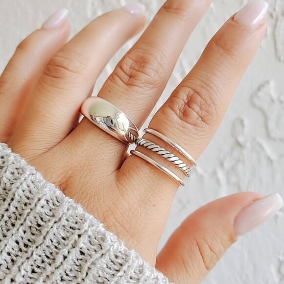 Women's 925 Sterling Silver Triple Band Three Stacking Ring Set Adjustable Thumb - Picture 5 of 10